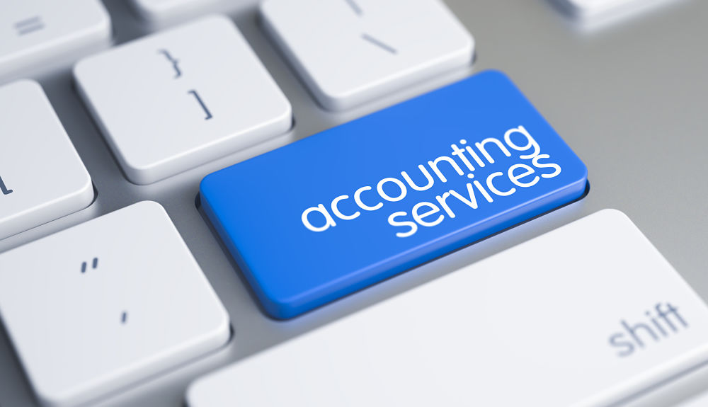 Accounting Services - Message on the Blue Keyboard Button. 3D. Accounting Services Key on the Metallic Keyboard. Slim Aluminum Keyboard Button Showing the Inscription Accounting Services.